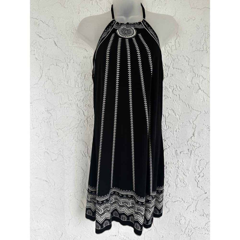 Vintage Y2K Black White Paisley Geometric Halter Mini Dress Tie Back Boho Small